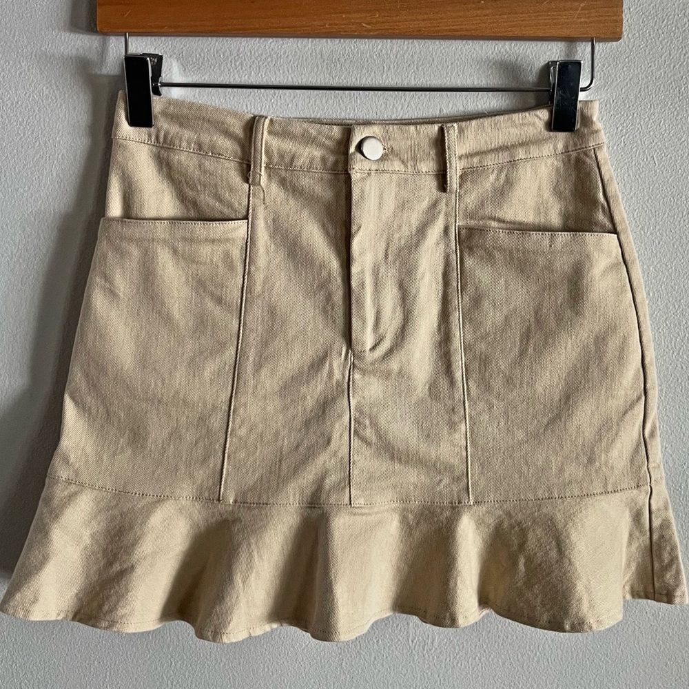 Khaki Cotton Ruffle Hem Mini Skirt Beige Casual Preppy Size Small